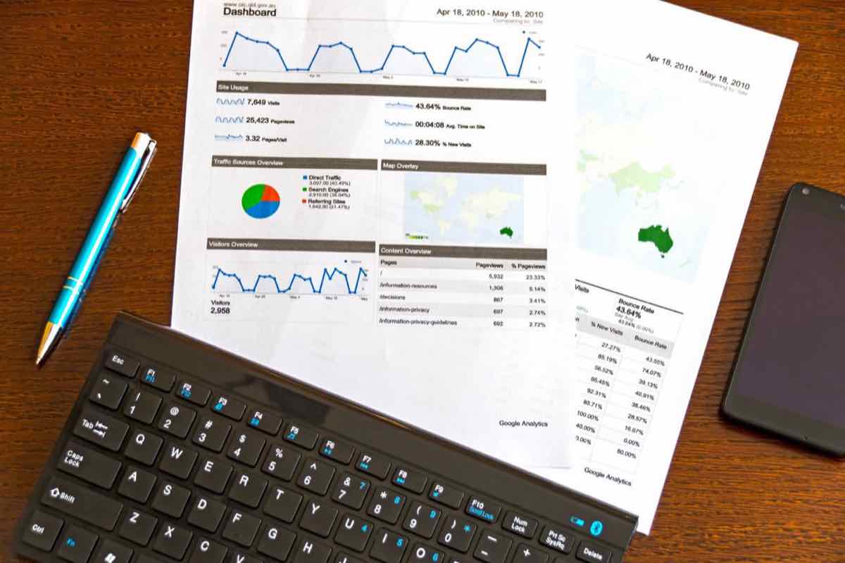 Keyboard, pen, and printed website analytics reports on a desk